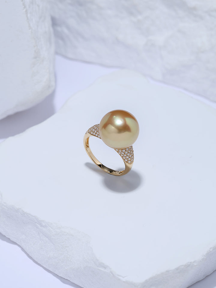 Anillo de perla dorada de los Mares del Sur de oro macizo de 18K de primera calidad KR00182