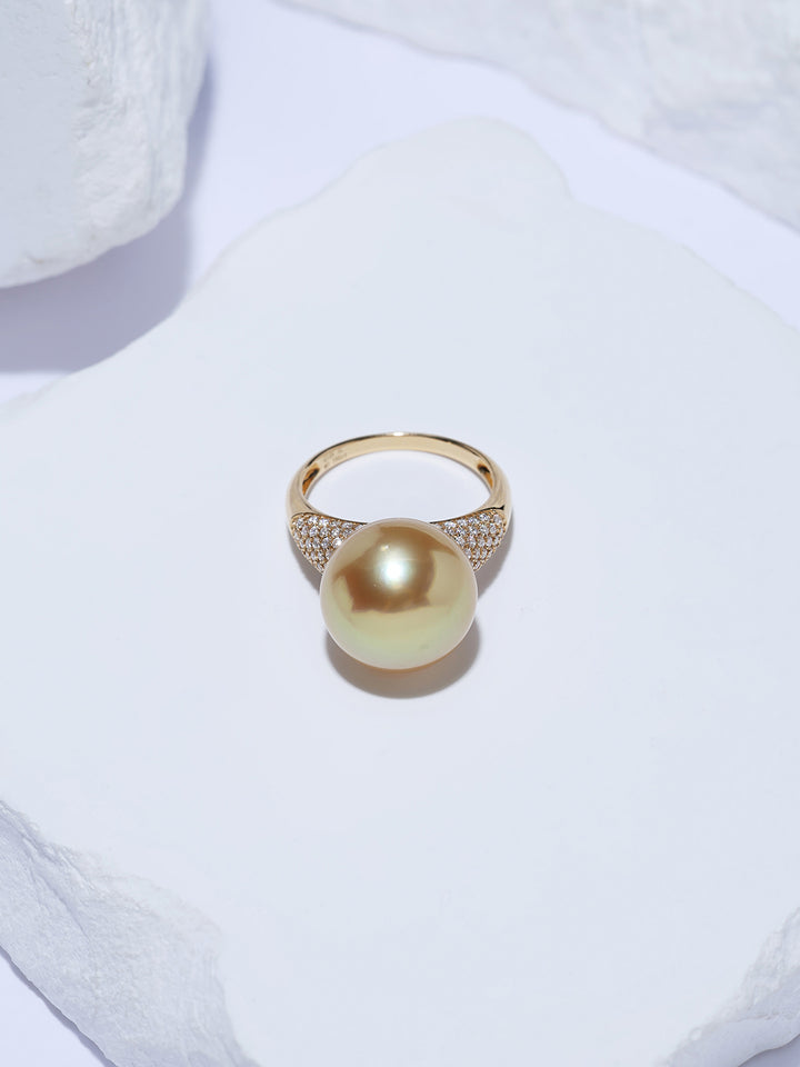 Anillo de perla dorada de los Mares del Sur de oro macizo de 18K de primera calidad KR00182