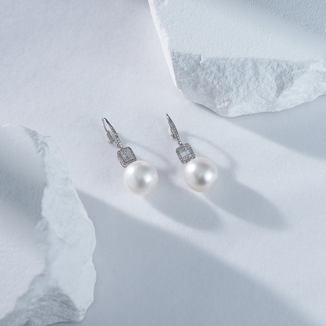 18k Solid Gold Diamond Australian White Pearl Earring KE00061 - PEARLY LUSTRE