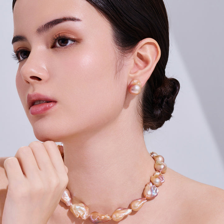 粉色巴洛克珍珠耳环 WE00834