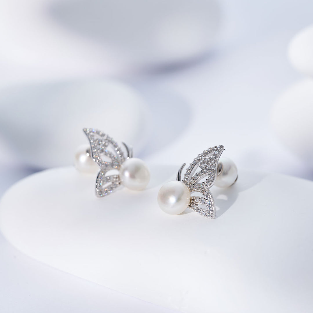 أقراط لؤلؤ المياه العذبة عالية الجودة WE00999 | BUTTERFLY