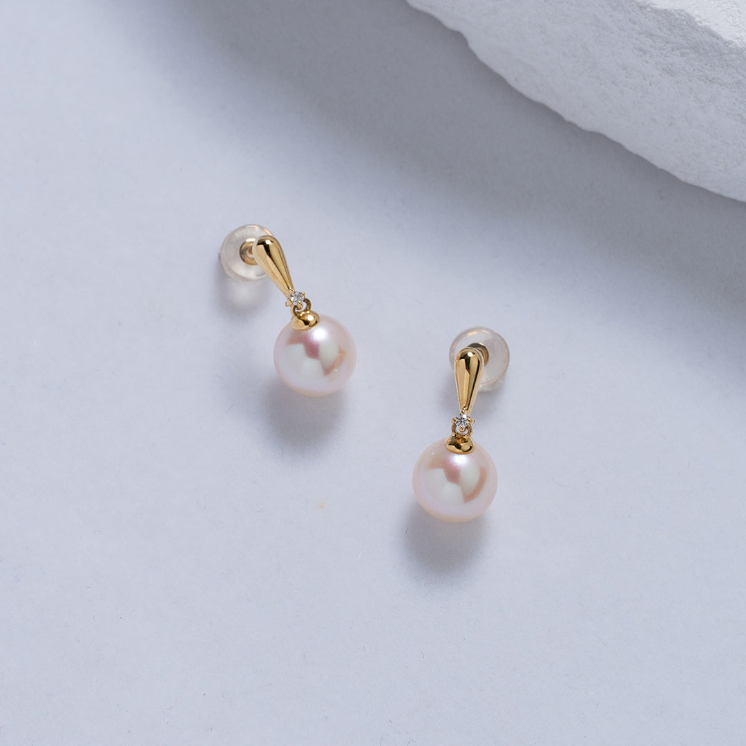 18K Solid Gold Diamond Freshwater Pearl Earrings KE00115 - PEARLY LUSTRE