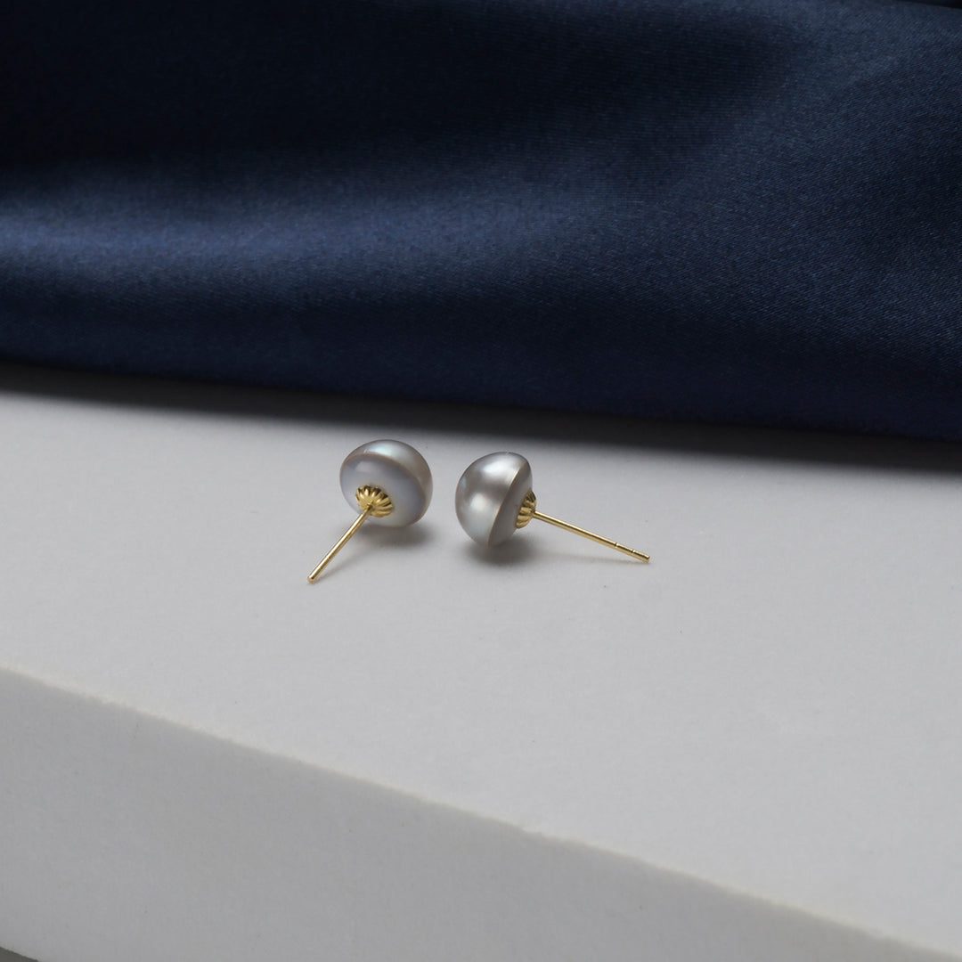 Elegant 18K Gold Mabe Silver Blue Akoya Pearl Stud Earrings KE00062 - PEARLY LUSTRE