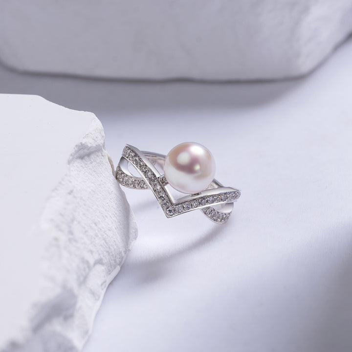 18K Solid Gold Diamond Akoya Hanadama Pearl Ring KR00042 | Desire - PEARLY LUSTRE