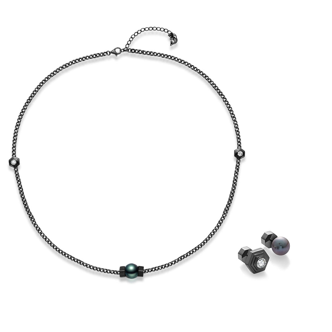 Tahitian Pearl Earring & Necklace  Set WS00095 | HEXAGON - PEARLY LUSTRE